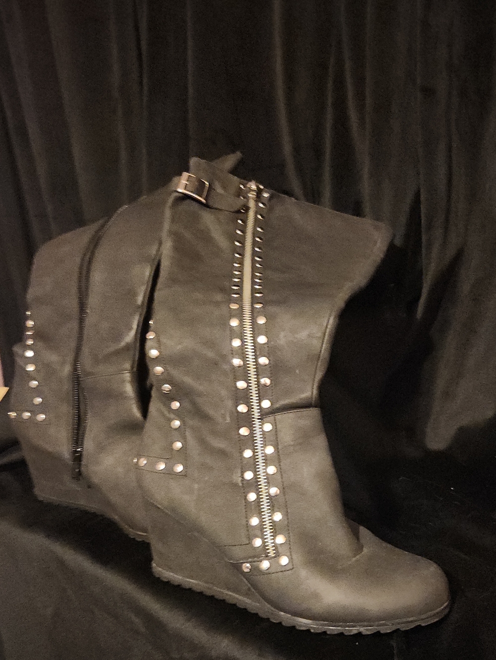 Black Silver Studded Wedge Calf Boot